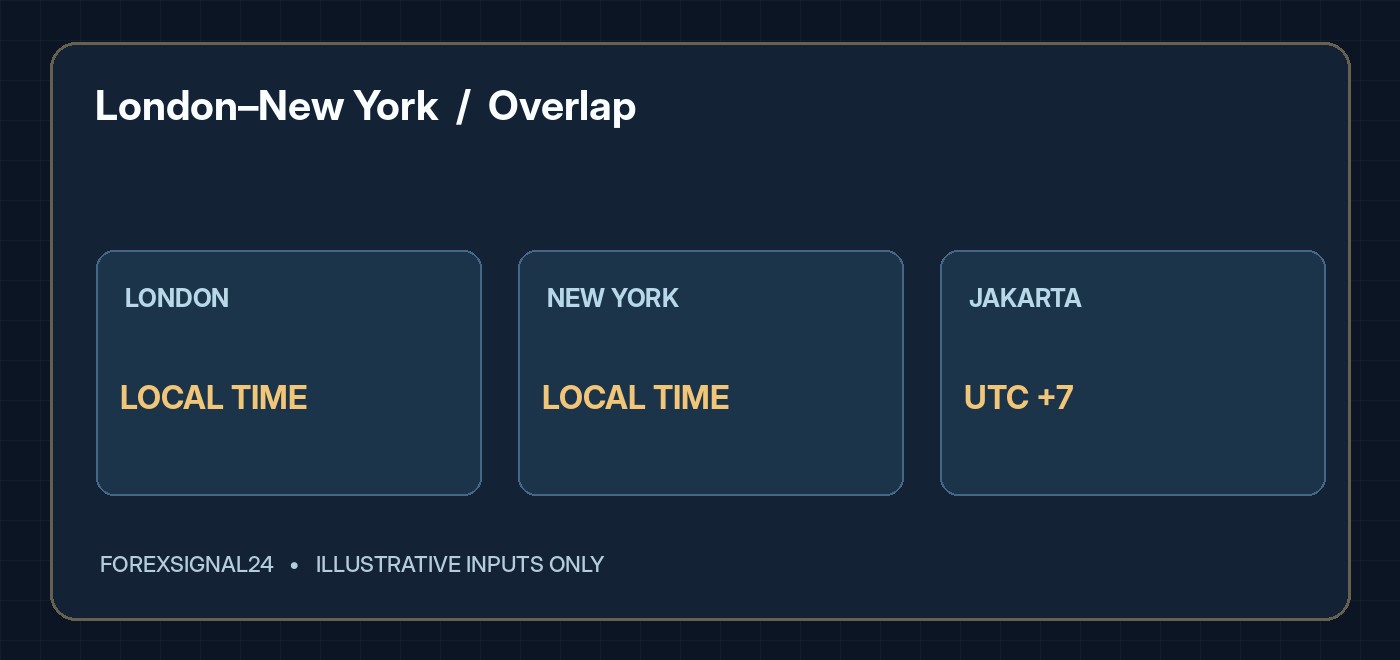 London–New York Forex Overlap: How Sessions and Daylight Saving Time Affect Trading Hours: editorial illustration showing its key forex analysis framework