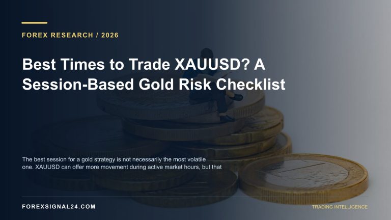 Gold bars reflecting a blue financial trading terminal with an elegant clock — ForexSignal24 editorial cover