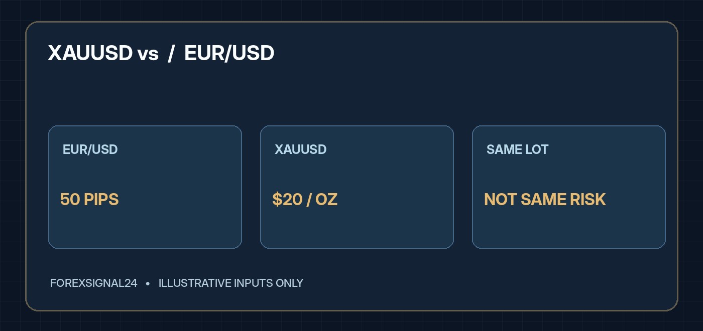 XAUUSD vs EUR/USD Lot Size: Why the Same 0.10 Lot Can Carry Different Risk: editorial illustration showing its key forex analysis framework